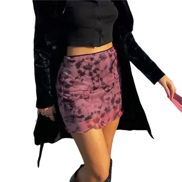 Elegant Sheer Tie-dye Print High Waist Mesh Bodycon Mini Skirt - Image 3