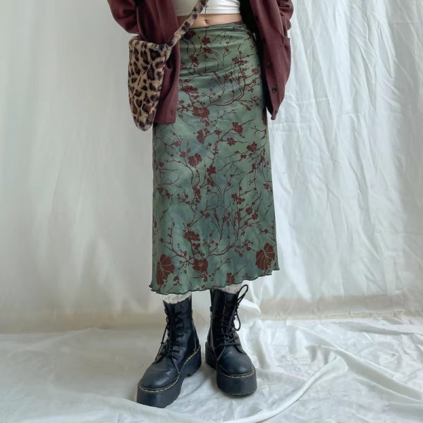 Floral Print Vintage Low Rise Straight  All-match Long Skirt - Image 2