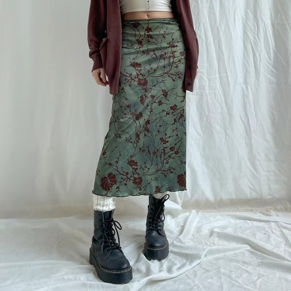 Floral Print Vintage Low Rise Straight  All-match Long Skirt - Image 4