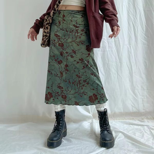 Floral Print Vintage Low Rise Straight  All-match Long Skirt - Image 3