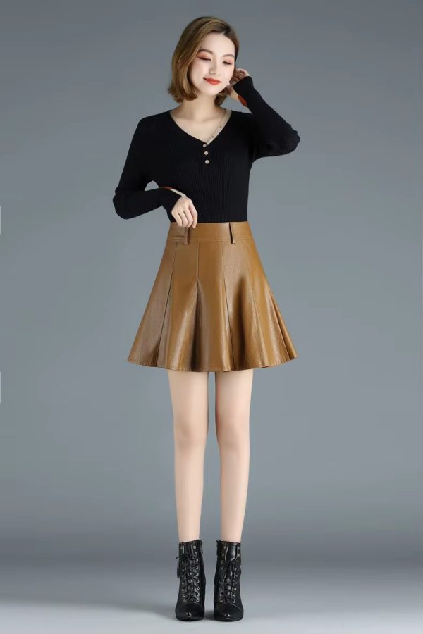 Genuine Real Leather Fashion Korean Style High Waist Mini Skirt