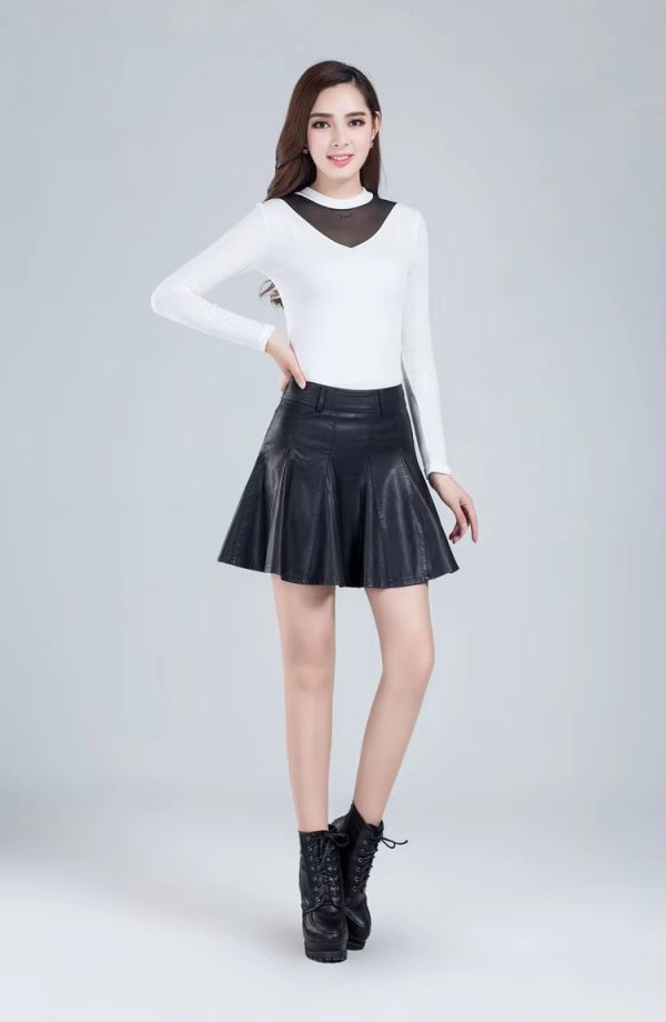 Genuine Real Leather Fashion Korean Style High Waist Mini Skirt - Image 3