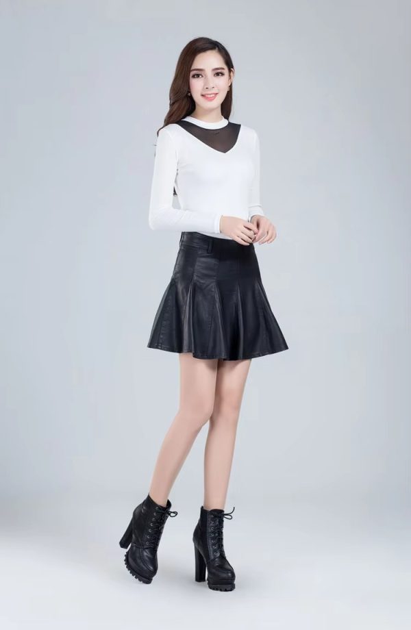 Genuine Real Leather Fashion Korean Style High Waist Mini Skirt - Image 4