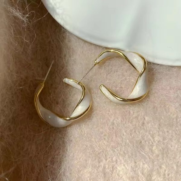 Geometric Circular Studs with White Enamel and Crystals Earrings