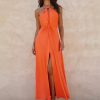 Halter Neck Fashion Long Dress With High Slit And Waist Knot Maxi Dress