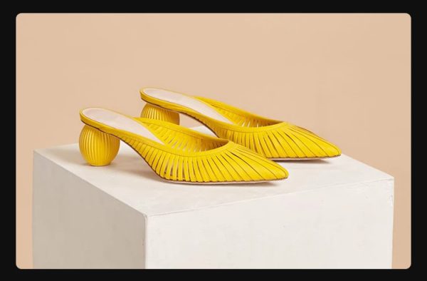 Hollow Stripe Fashion Woven Muller Round Ball Heel Slip-on Pointed Toe Middle Heels Slippers - Image 6