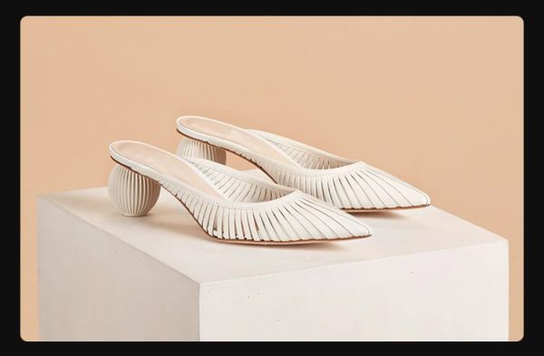Hollow Stripe Fashion Woven Muller Round Ball Heel Slip-on Pointed Toe Middle Heels Slippers - Image 3