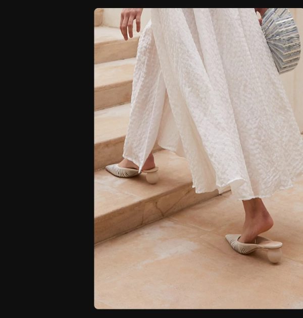 Hollow Stripe Fashion Woven Muller Round Ball Heel Slip-on Pointed Toe Middle Heels Slippers - Image 5