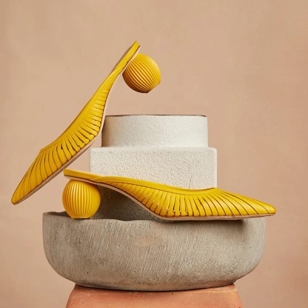 Hollow Stripe Fashion Woven Muller Round Ball Heel Slip-on Pointed Toe Middle Heels Slippers - Image 7