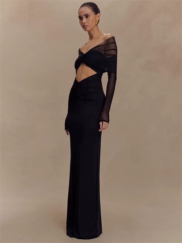 Off-shoulder Fashion Hollow Out Strapless Long Sleeve Ruched Long Dress - Image 10