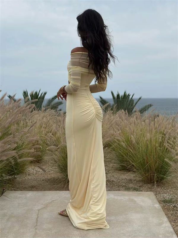 Off-shoulder Fashion Hollow Out Strapless Long Sleeve Ruched Long Dress - Image 11