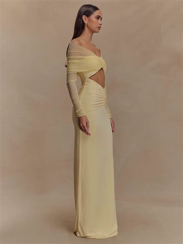 Off-shoulder Fashion Hollow Out Strapless Long Sleeve Ruched Long Dress - Image 13