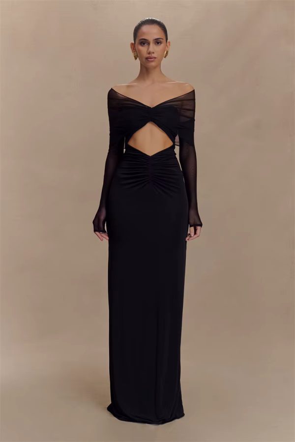 Off-shoulder Fashion Hollow Out Strapless Long Sleeve Ruched Long Dress - Image 14