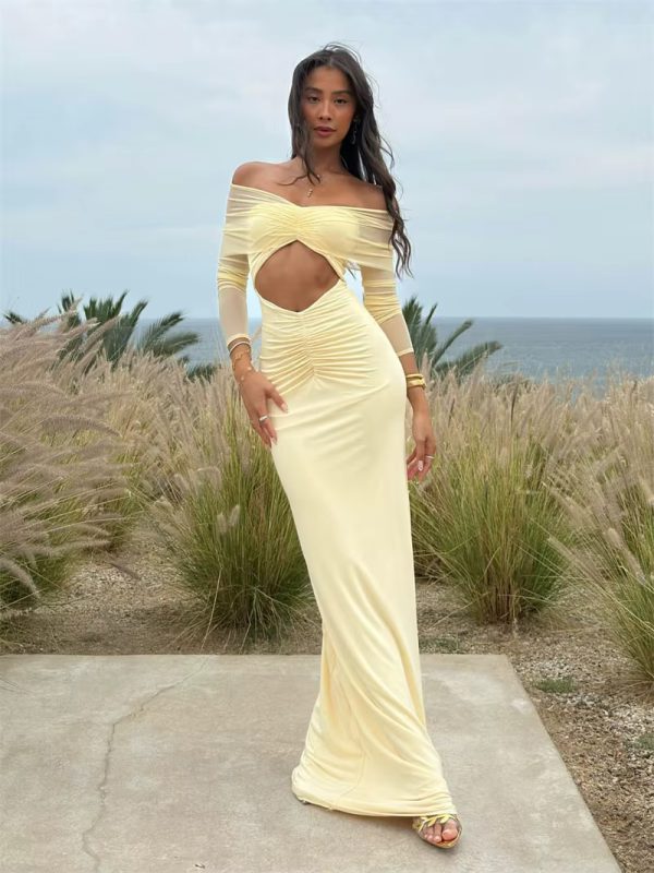Off-shoulder Fashion Hollow Out Strapless Long Sleeve Ruched Long Dress - Image 3