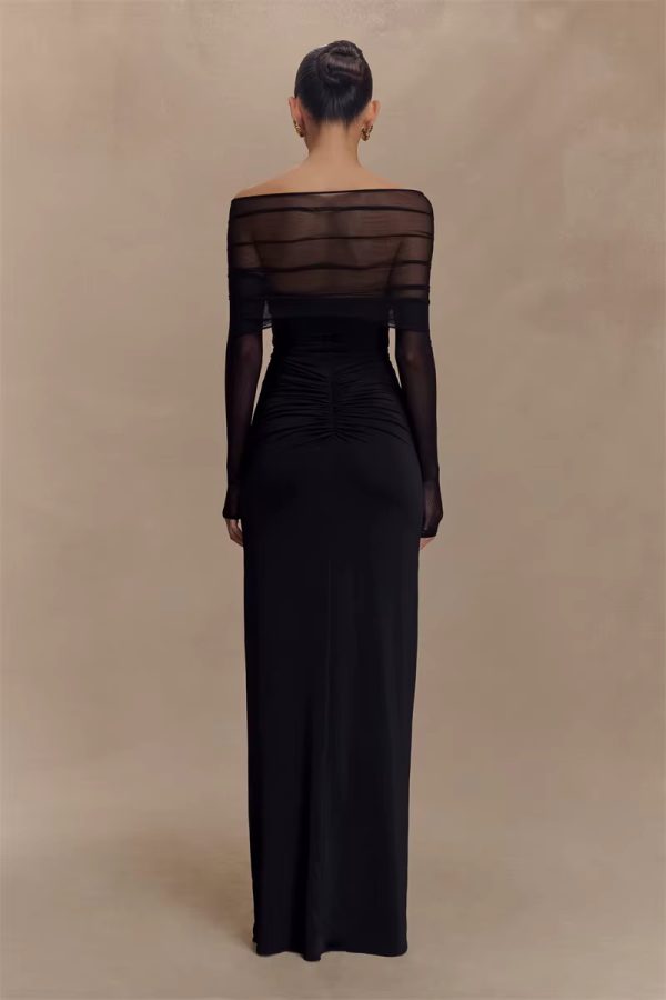 Off-shoulder Fashion Hollow Out Strapless Long Sleeve Ruched Long Dress - Image 4