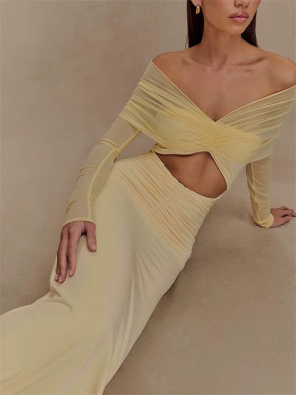 Off-shoulder Fashion Hollow Out Strapless Long Sleeve Ruched Long Dress - Image 5