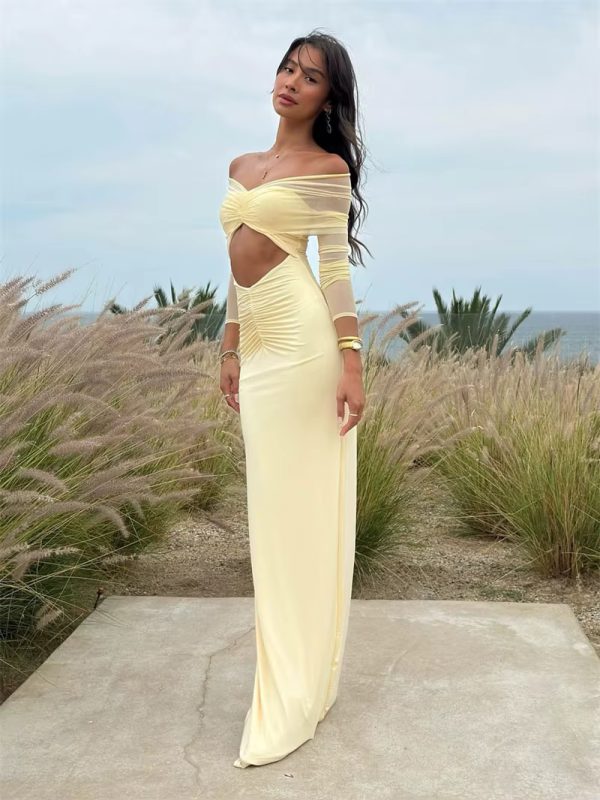 Off-shoulder Fashion Hollow Out Strapless Long Sleeve Ruched Long Dress - Image 7