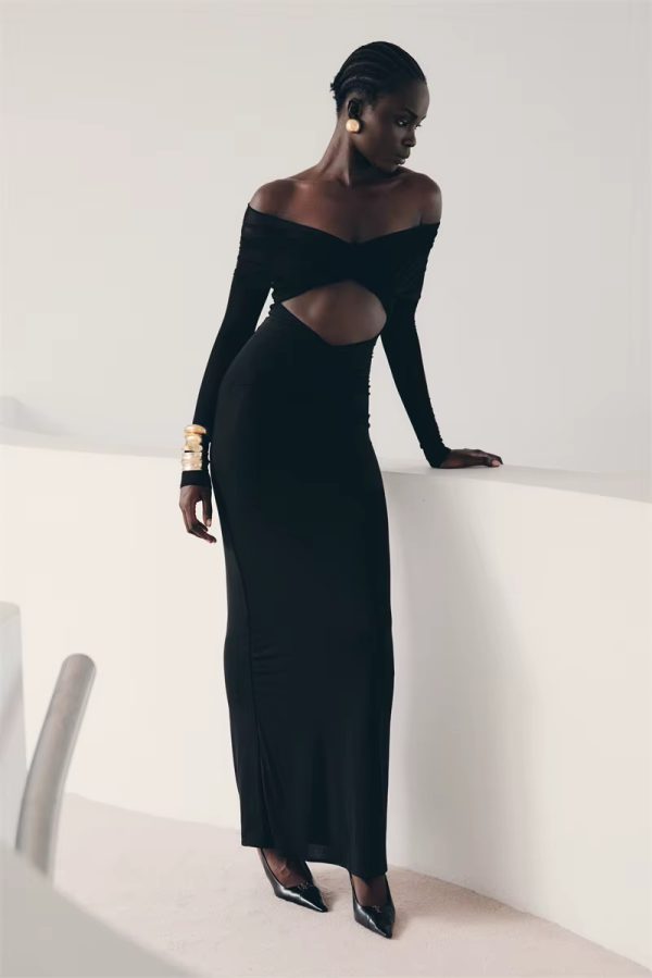 Off-shoulder Fashion Hollow Out Strapless Long Sleeve Ruched Long Dress - Image 8