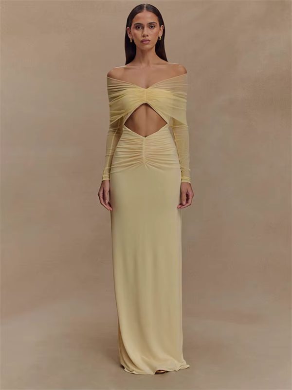 Off-shoulder Fashion Hollow Out Strapless Long Sleeve Ruched Long Dress - Image 9