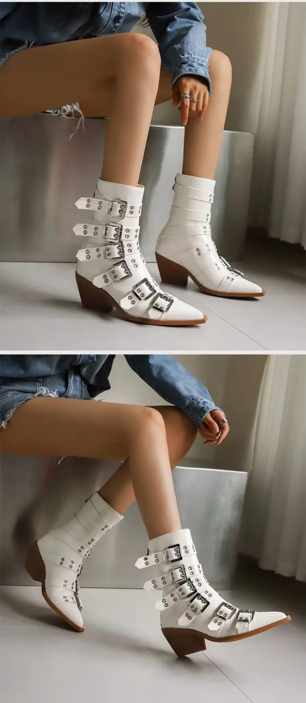 Patent Leather Fashion Pointed Punk Style Belt Buckle Pullback Short Boots - Image 2