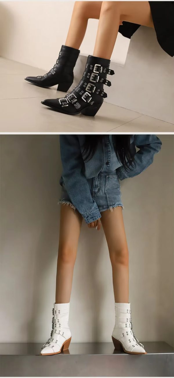 Patent Leather Fashion Pointed Punk Style Belt Buckle Pullback Short Boots - Image 8