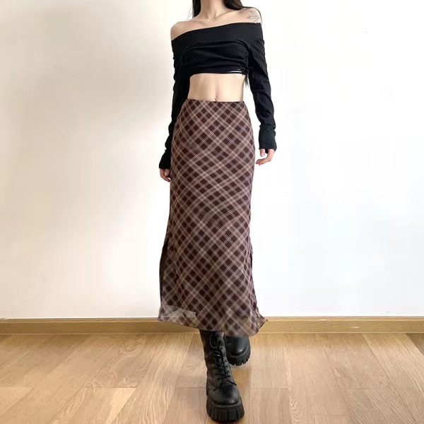 Plaid Print Wrap Hips Skirts Fashion Ankle-Length Slim Pencil Skirts - Image 2