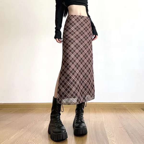 Plaid Print Wrap Hips Skirts Fashion Ankle-Length Slim Pencil Skirts