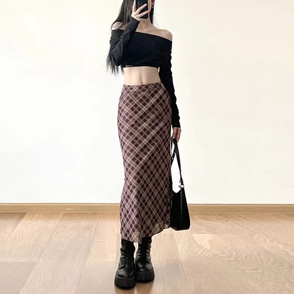 Plaid Print Wrap Hips Skirts Fashion Ankle-Length Slim Pencil Skirts - Image 5