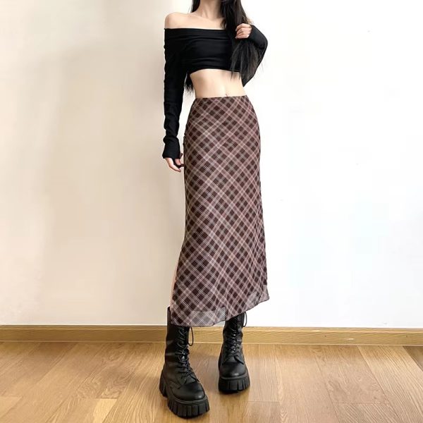 Plaid Print Wrap Hips Skirts Fashion Ankle-Length Slim Pencil Skirts - Image 8