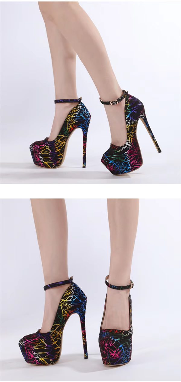 Platform Pumps Round Toe Buckle Strap Super High Heels Stilettos - Image 2