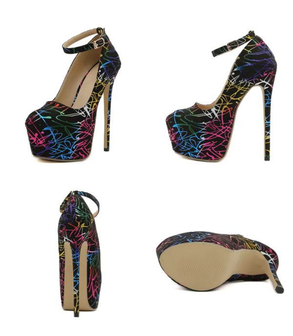 Platform Pumps Round Toe Buckle Strap Super High Heels Stilettos - Image 3