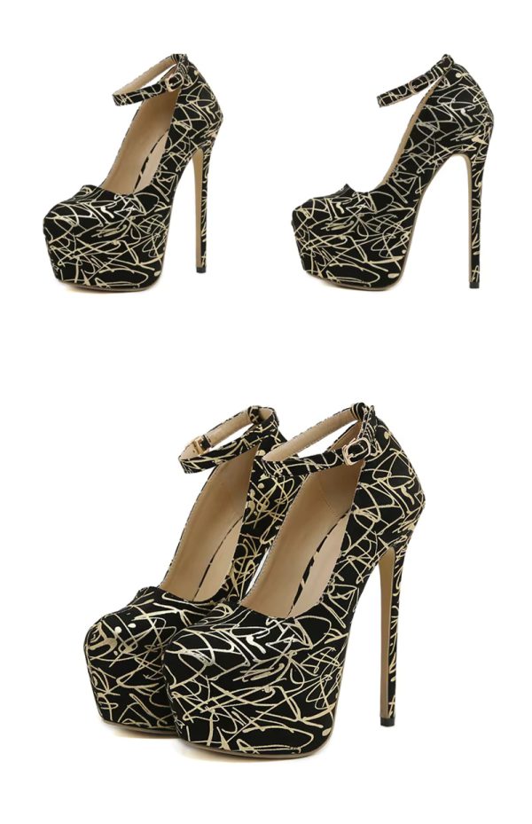 Platform Pumps Round Toe Buckle Strap Super High Heels Stilettos - Image 7