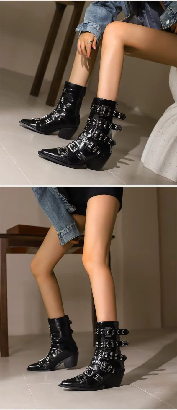 Pointed Punk Style Belt Buckle Pullback PU Short Boots - Image 3