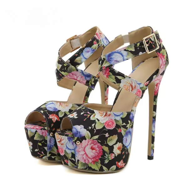 Print Flowers Fashion Extreme High Heels Strip  Peep Toe Pumps Shoes - Image 2