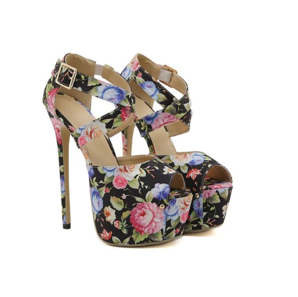 Print Flowers Fashion Extreme High Heels Strip  Peep Toe Pumps Shoes - Image 5