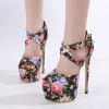 Print Flowers Fashion Extreme High Heels Strip  Peep Toe Pumps Shoes