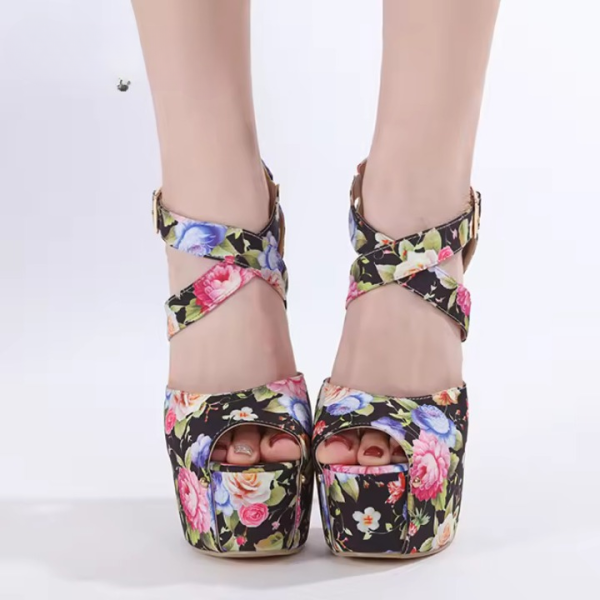 Print Flowers Fashion Extreme High Heels Strip  Peep Toe Pumps Shoes - Image 4