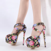 Print Flowers Fashion Extreme High Heels Strip  Peep Toe Pumps Shoes - Image 3