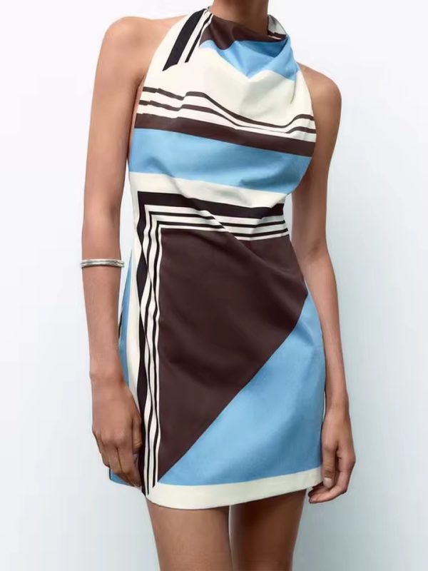 Striped Fashion Sleeveless Backless poplin Short Dress