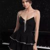 Stylish Ruffles And Lace-up Back Pinstripe Layered Mini Slip Dress