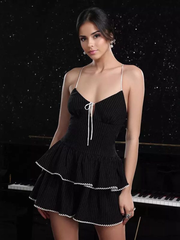 Stylish Ruffles And Lace-up Back Pinstripe Layered Mini Slip Dress