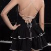 Stylish Ruffles And Lace-up Back Pinstripe Layered Mini Slip Dress - Image 3