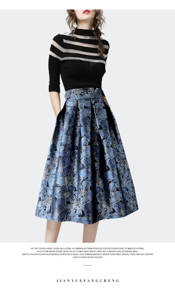 Vintage Floral Print High Waist Ball Gown A-line  Knee-Length Long Skirts - Image 4