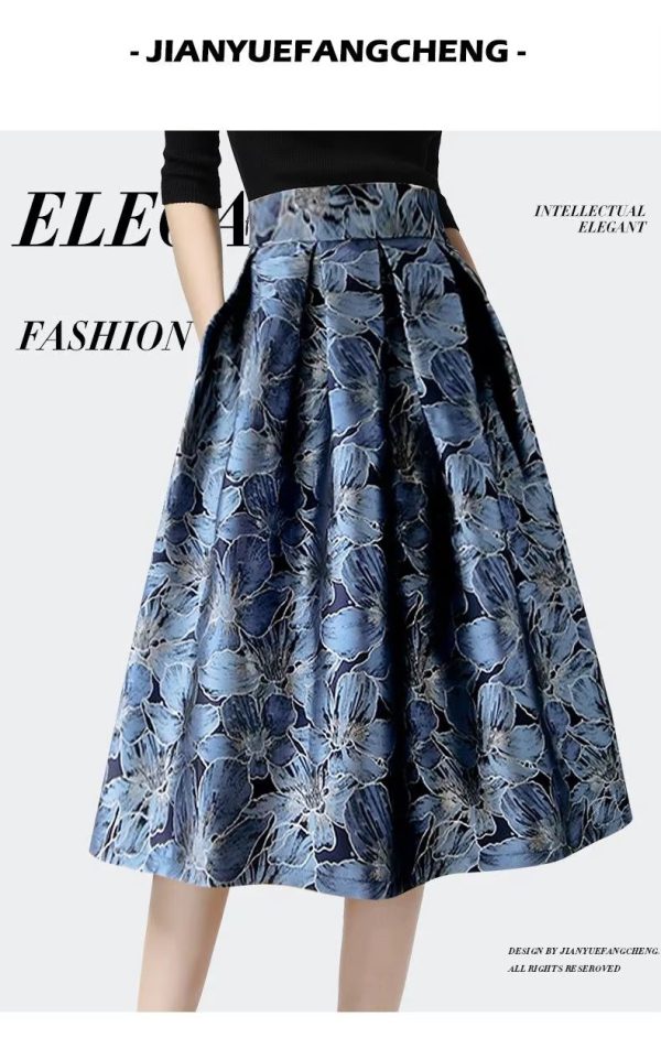 Vintage Floral Print High Waist Ball Gown A-line  Knee-Length Long Skirts - Image 6