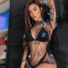 3D Butterfly Print Mesh Perspective Elegant 3-piece Lingerie Set - Image 4
