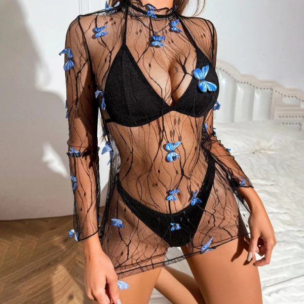 3D Butterfly Print Mesh Perspective Elegant 3-piece Lingerie Set