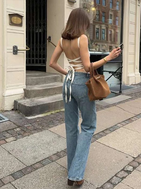 Camisole Square Collar Irregular Hollow Out Fashion Lace-Up Puss Cross Backless Top - Image 5