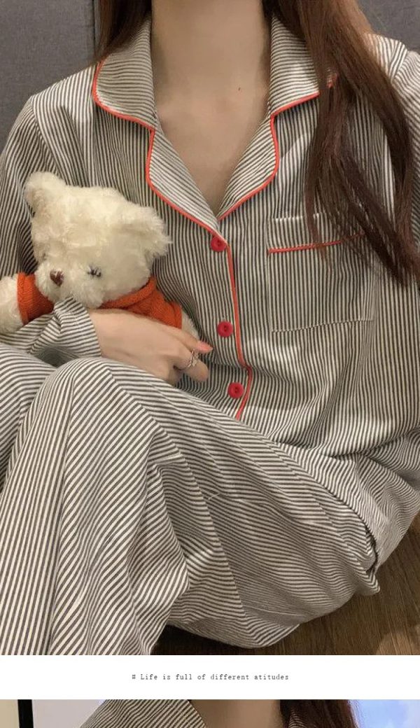 Cardigan Striped Fashion Long Sleeve Loose Pajamas 2PCS Set - Image 2