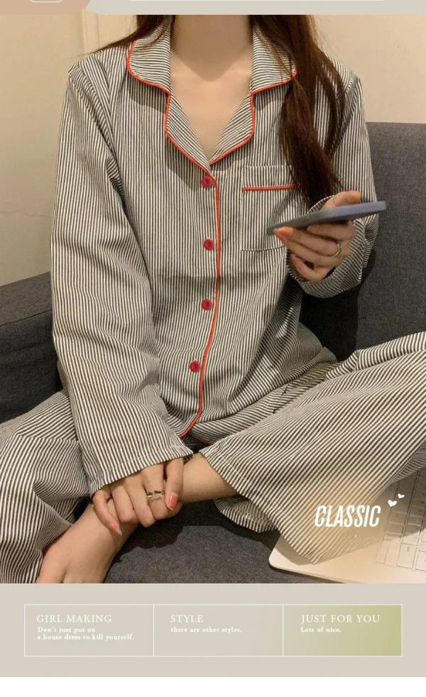 Cardigan Striped Fashion Long Sleeve Loose Pajamas 2PCS Set - Image 6