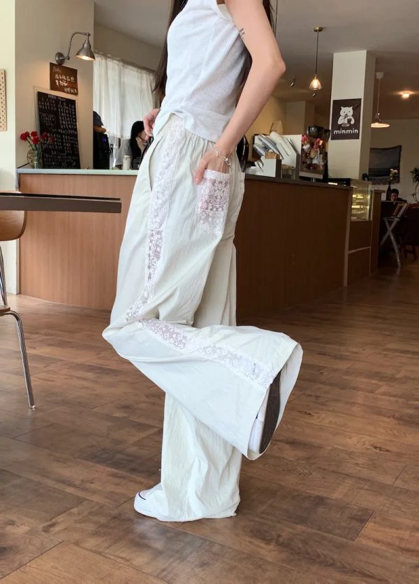 Casual Straight-leg Design Lace Wide-leg Pants